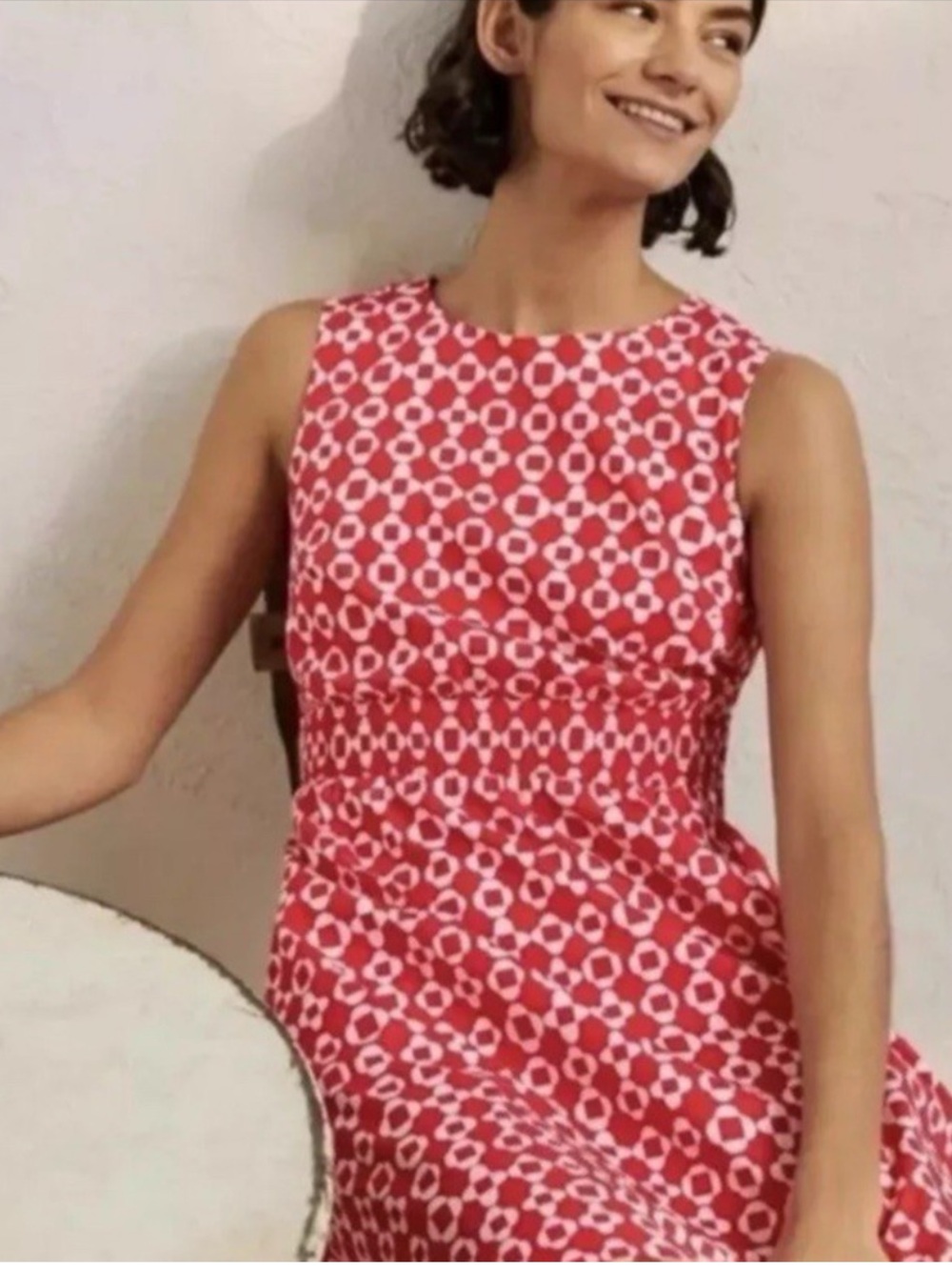 Boden Smocked Waist Mini Dress Bright Coral Mosaic Square Size 4L